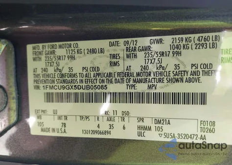 2013 Ford Escape Se z USA, uszkodzony, nr VIN 1FMCU9GX5DUB05085